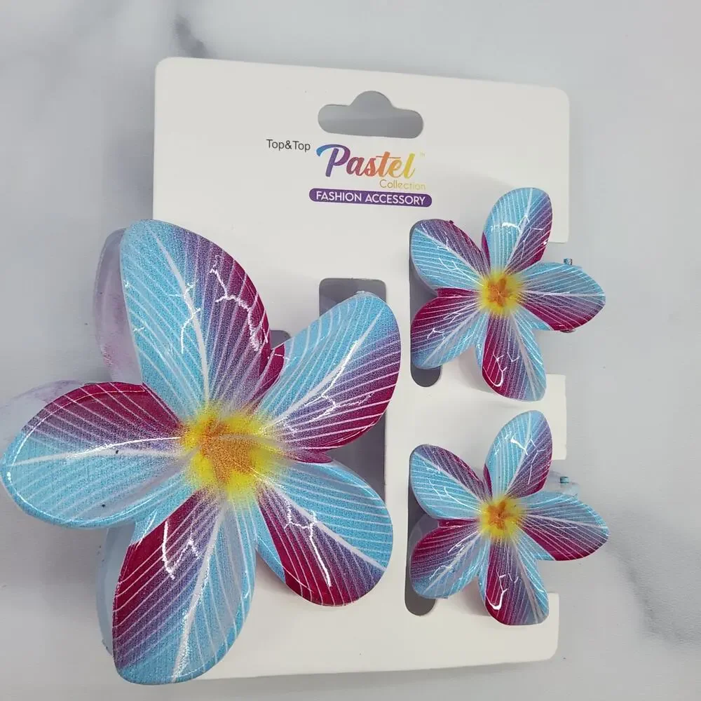 3 pc Hawaiian Flower Claw Clip Set - Hair Accessories - Blue & Purple Plumeria